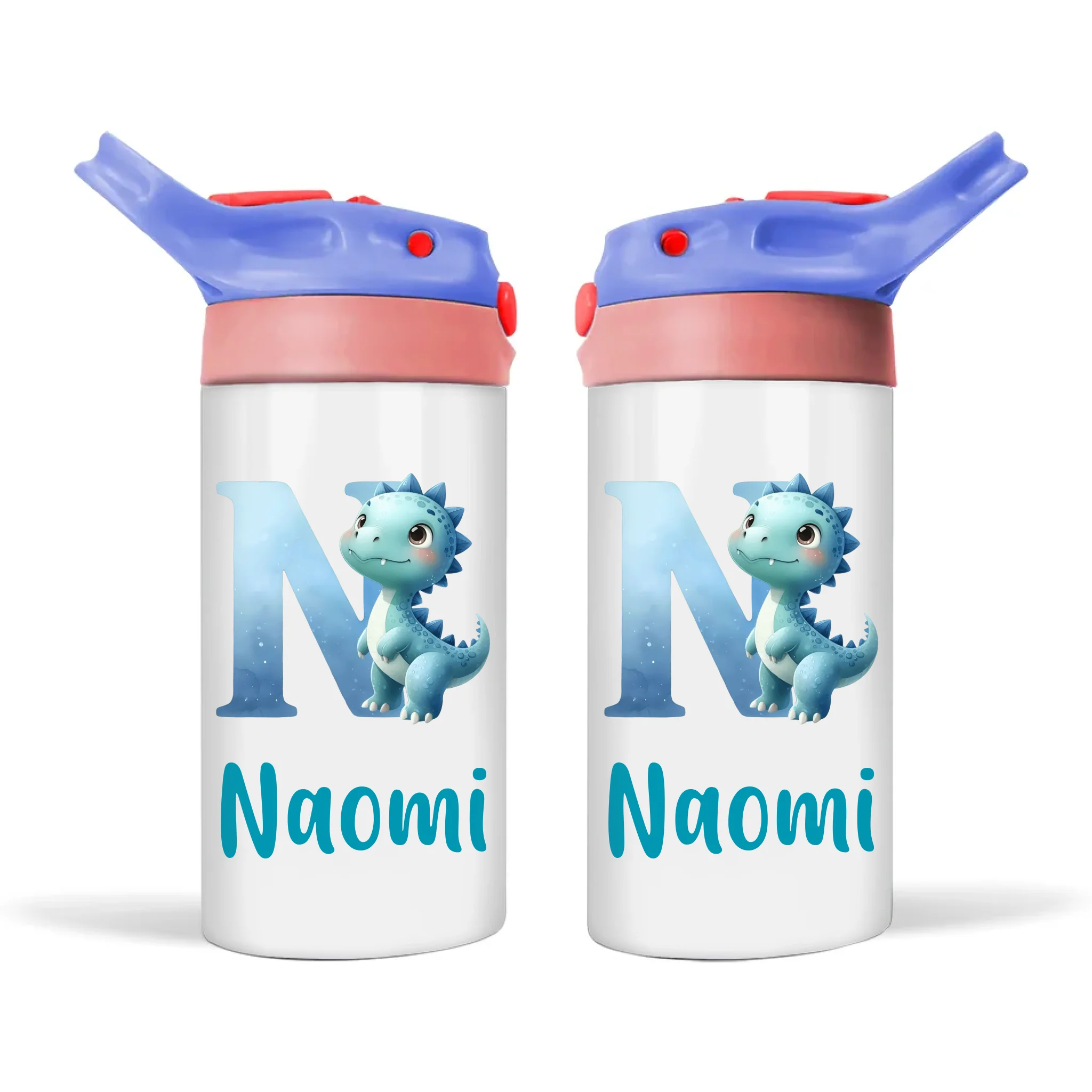 Personalised Blue Dinosaur Alphabet Sippy Bottle – Custom Double-Walled Kids Bottle with Name & Watercolour Letter Design | Flip-Top Lid