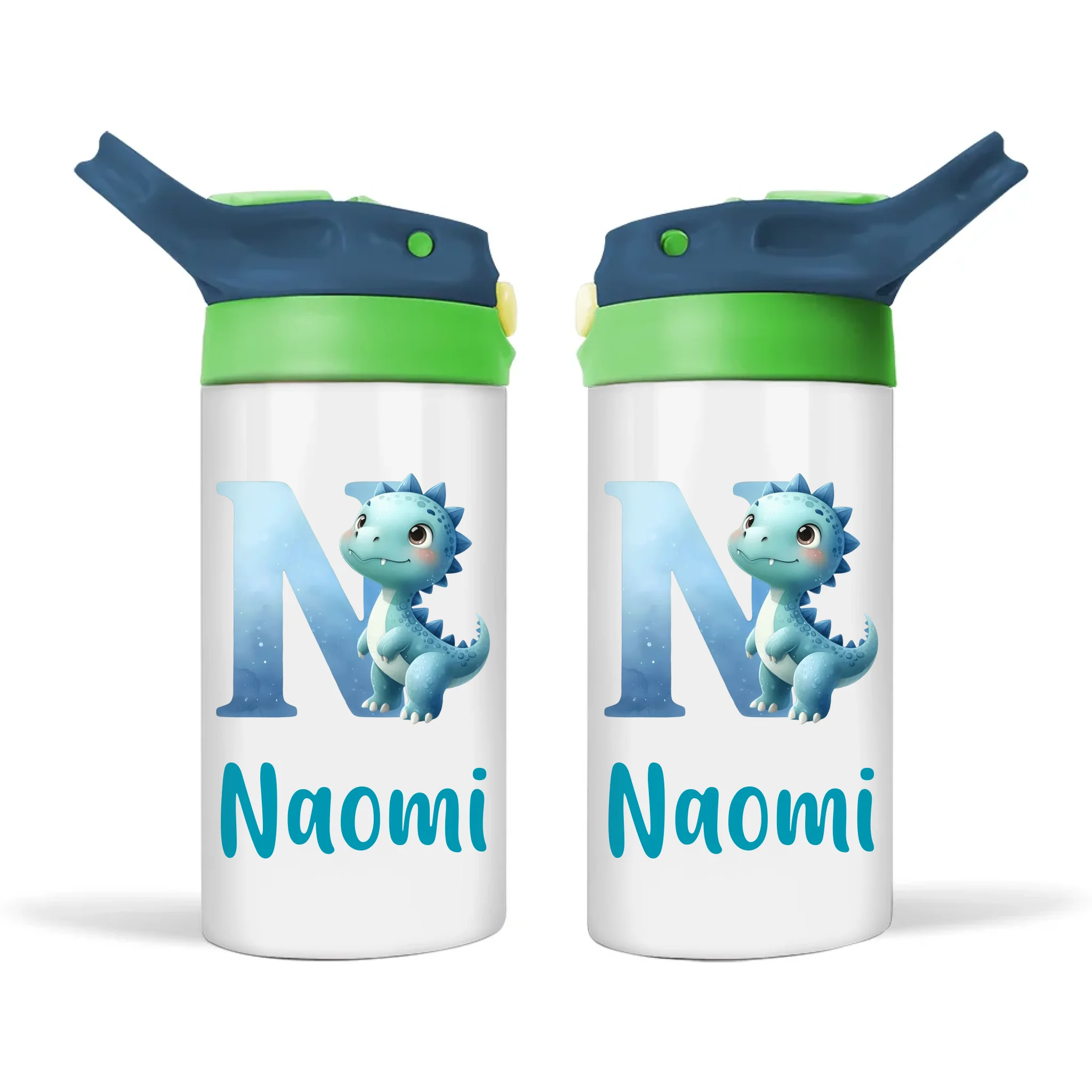 Personalised Blue Dinosaur Alphabet Sippy Bottle – Custom Double-Walled Kids Bottle with Name & Watercolour Letter Design | Flip-Top Lid