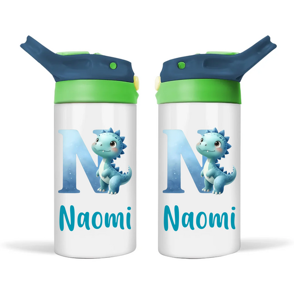 Personalised Blue Dinosaur Alphabet Sippy Bottle – Custom Double-Walled Kids Bottle with Name & Watercolour Letter Design | Flip-Top Lid