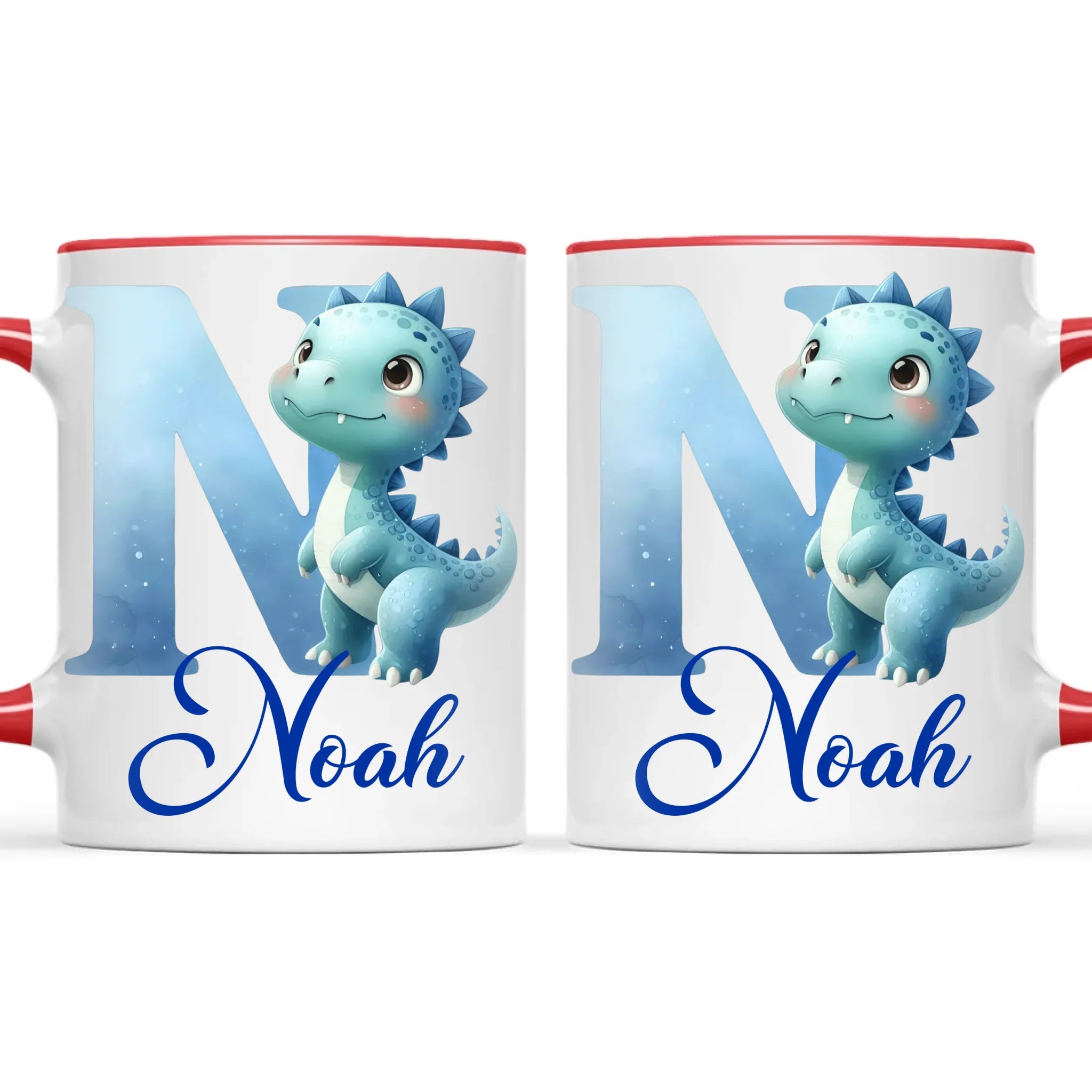 Personalised Blue Dinosaur Alphabet Kids Mug – Custom Name Cup with Watercolour Letter Design | 11 oz, 6 oz & Enamel Options