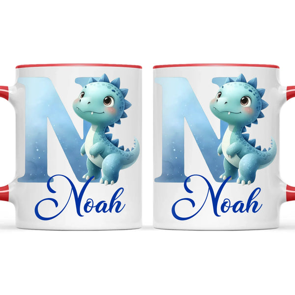 Personalised Blue Dinosaur Alphabet Kids Mug – Custom Name Cup with Watercolour Letter Design | 11 oz, 6 oz & Enamel Options