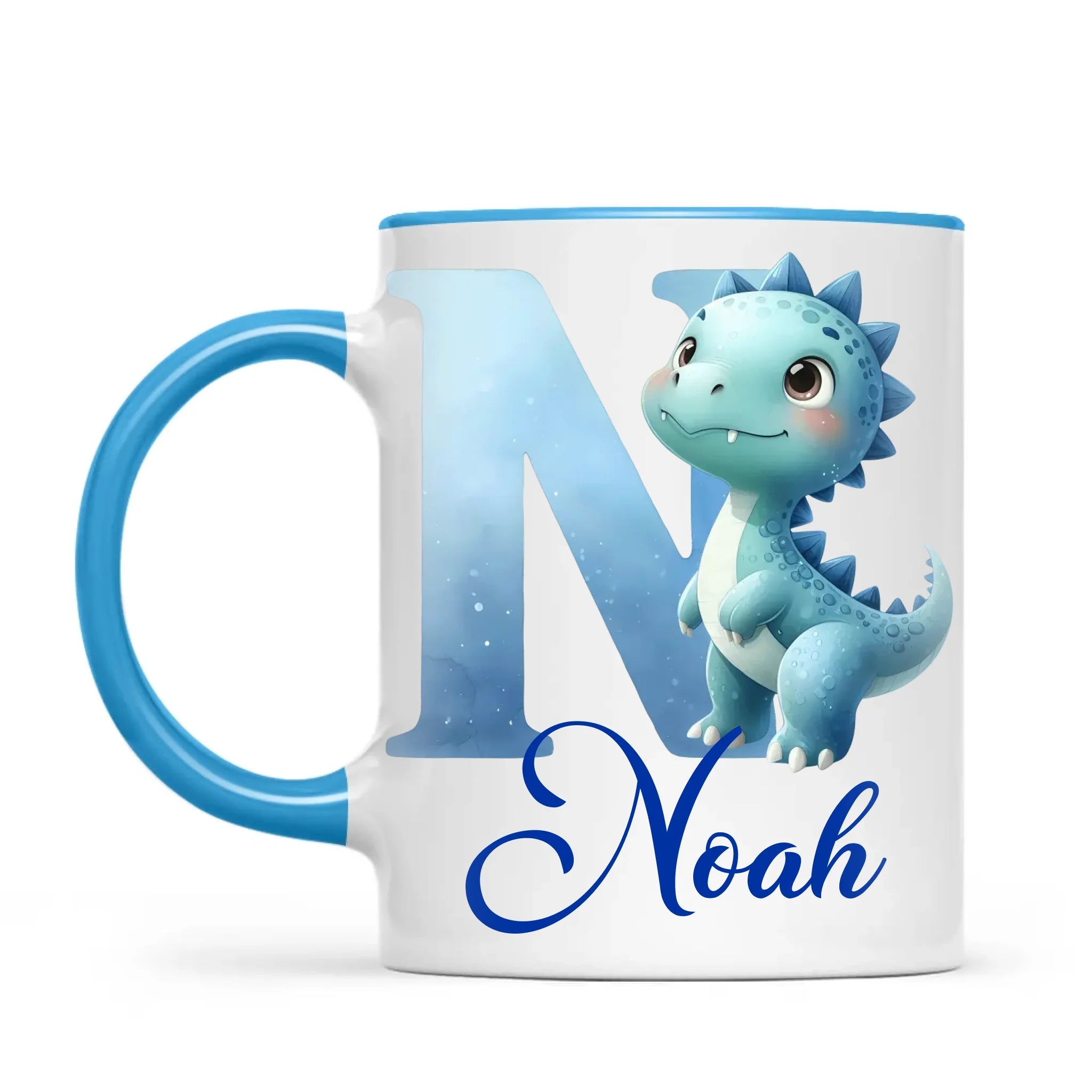 Personalised Blue Dinosaur Alphabet Kids Mug – Custom Name Cup with Watercolour Letter Design | 11 oz, 6 oz & Enamel Options