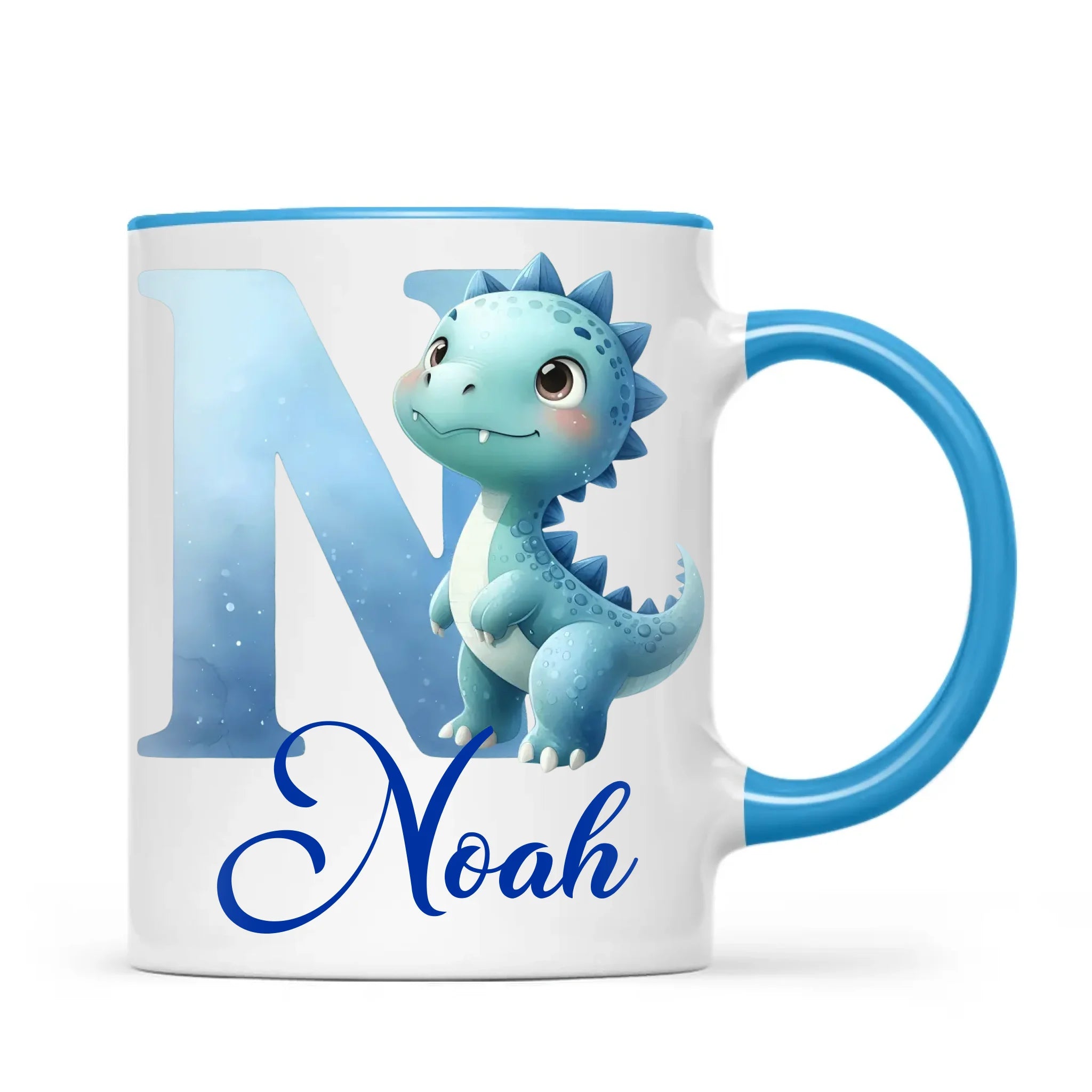 Personalised Blue Dinosaur Alphabet Kids Mug – Custom Name Cup with Watercolour Letter Design | 11 oz, 6 oz & Enamel Options