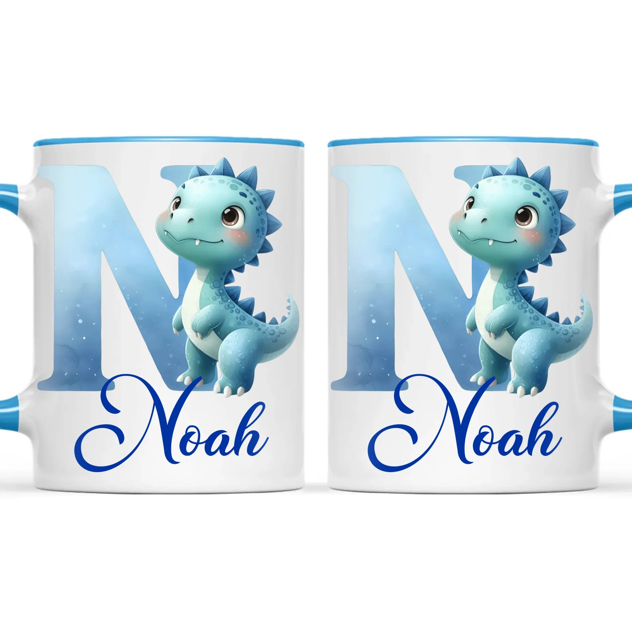 Personalised Blue Dinosaur Alphabet Kids Mug – Custom Name Cup with Watercolour Letter Design | 11 oz, 6 oz & Enamel Options