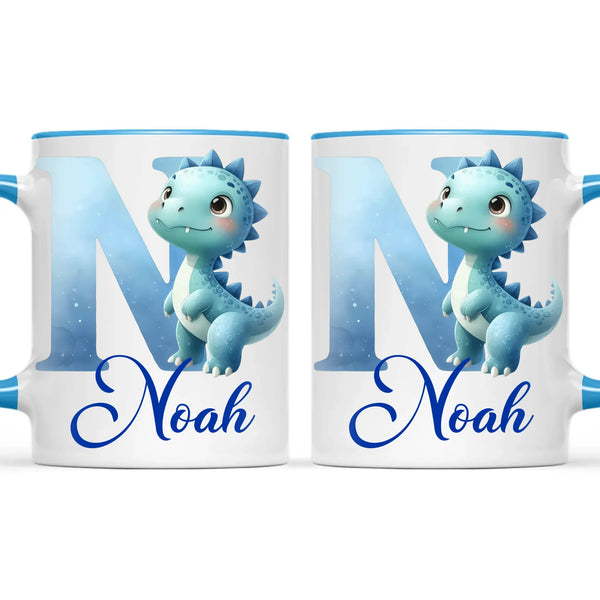 Personalised Blue Dinosaur Alphabet Kids Mug – Custom Name Cup with Watercolour Letter Design | 11 oz, 6 oz & Enamel Options