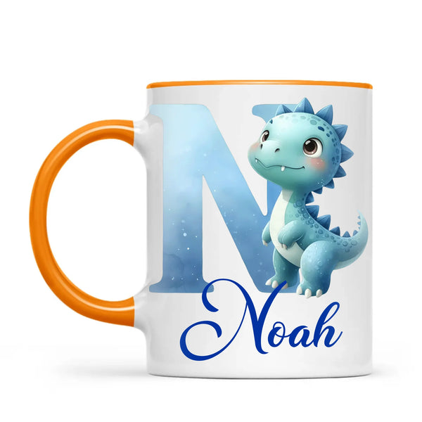 Personalised Blue Dinosaur Alphabet Kids Mug – Custom Name Cup with Watercolour Letter Design | 11 oz, 6 oz & Enamel Options