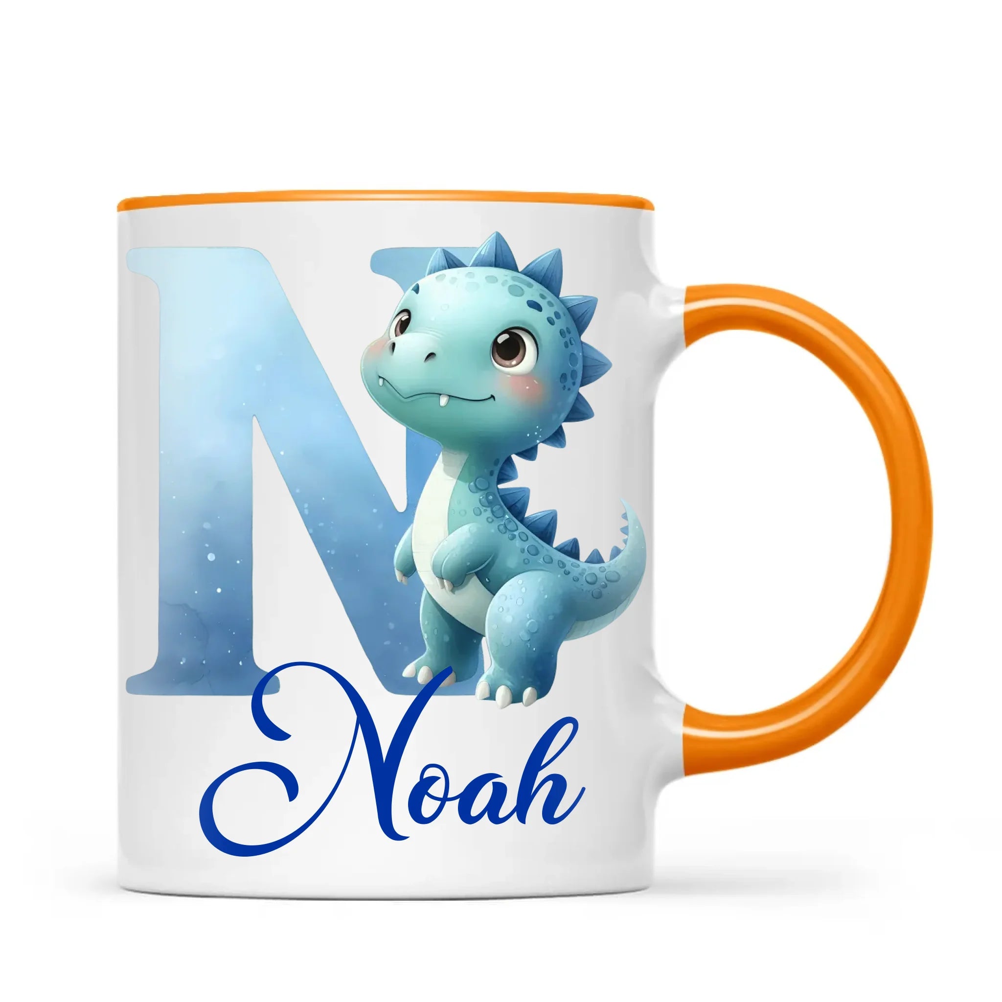 Personalised Blue Dinosaur Alphabet Kids Mug – Custom Name Cup with Watercolour Letter Design | 11 oz, 6 oz & Enamel Options