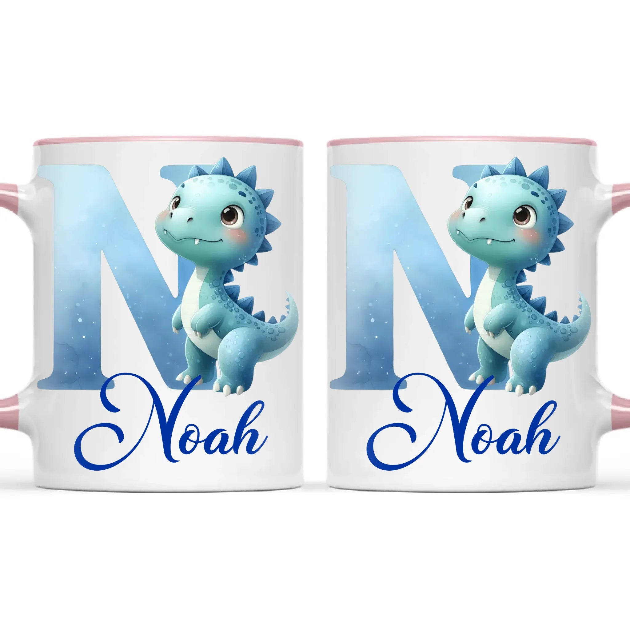 Personalised Blue Dinosaur Alphabet Kids Mug – Custom Name Cup with Watercolour Letter Design | 11 oz, 6 oz & Enamel Options