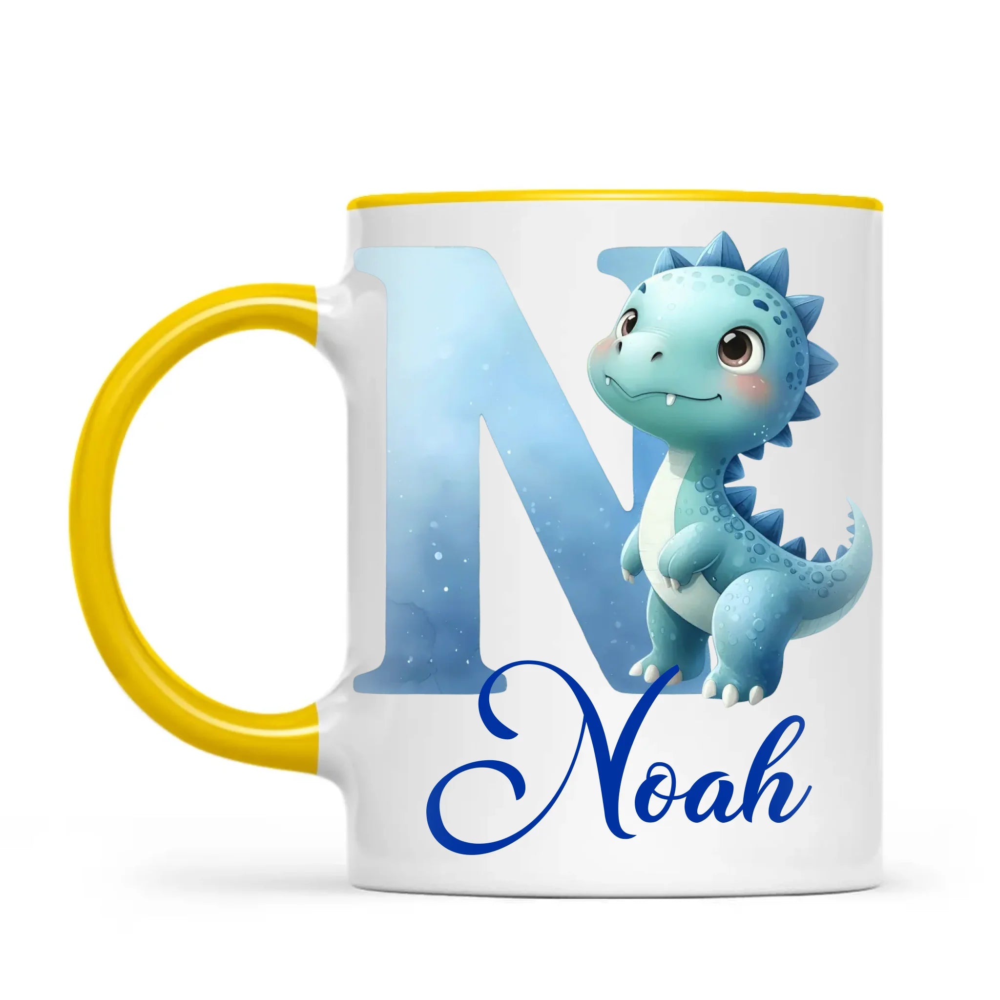 Personalised Blue Dinosaur Alphabet Kids Mug – Custom Name Cup with Watercolour Letter Design | 11 oz, 6 oz & Enamel Options
