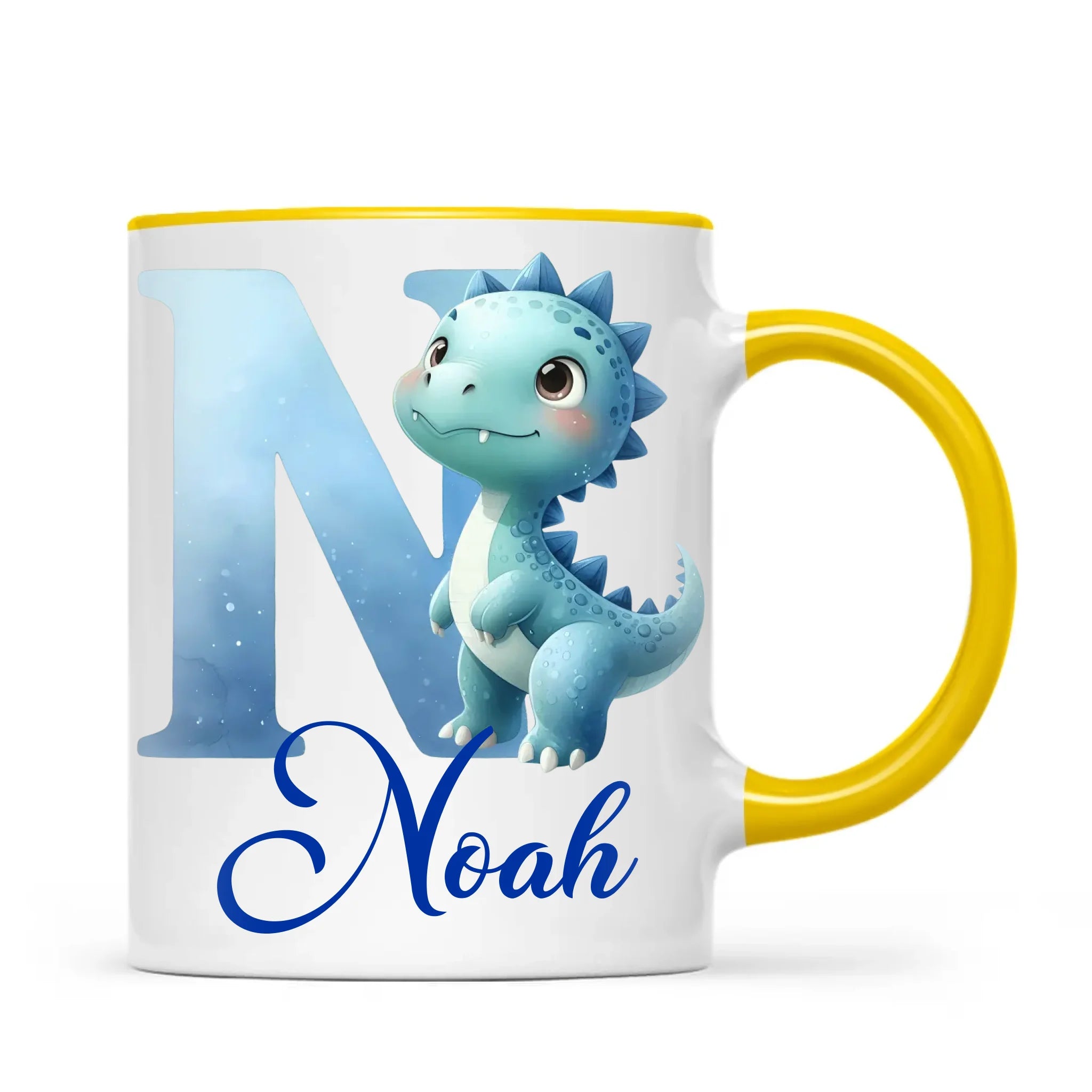Personalised Blue Dinosaur Alphabet Kids Mug – Custom Name Cup with Watercolour Letter Design | 11 oz, 6 oz & Enamel Options