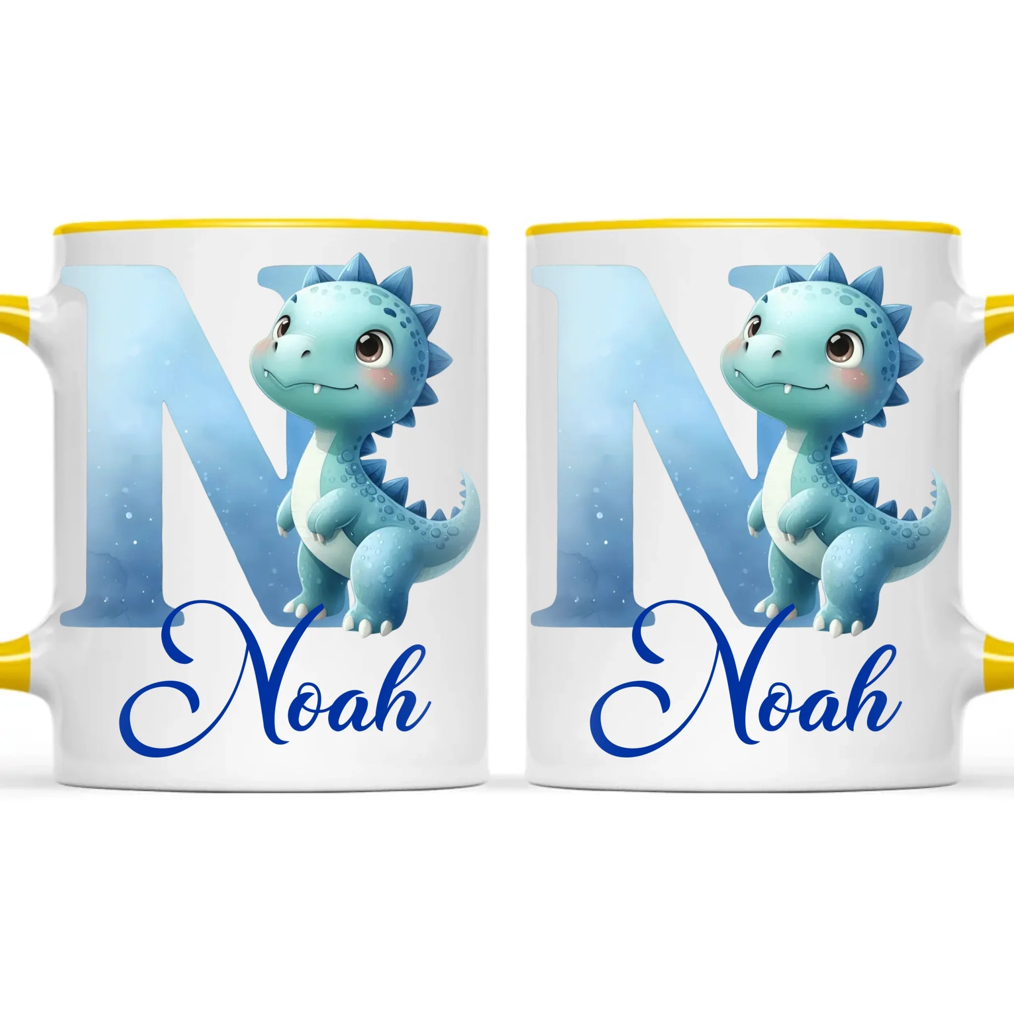 Personalised Blue Dinosaur Alphabet Kids Mug – Custom Name Cup with Watercolour Letter Design | 11 oz, 6 oz & Enamel Options