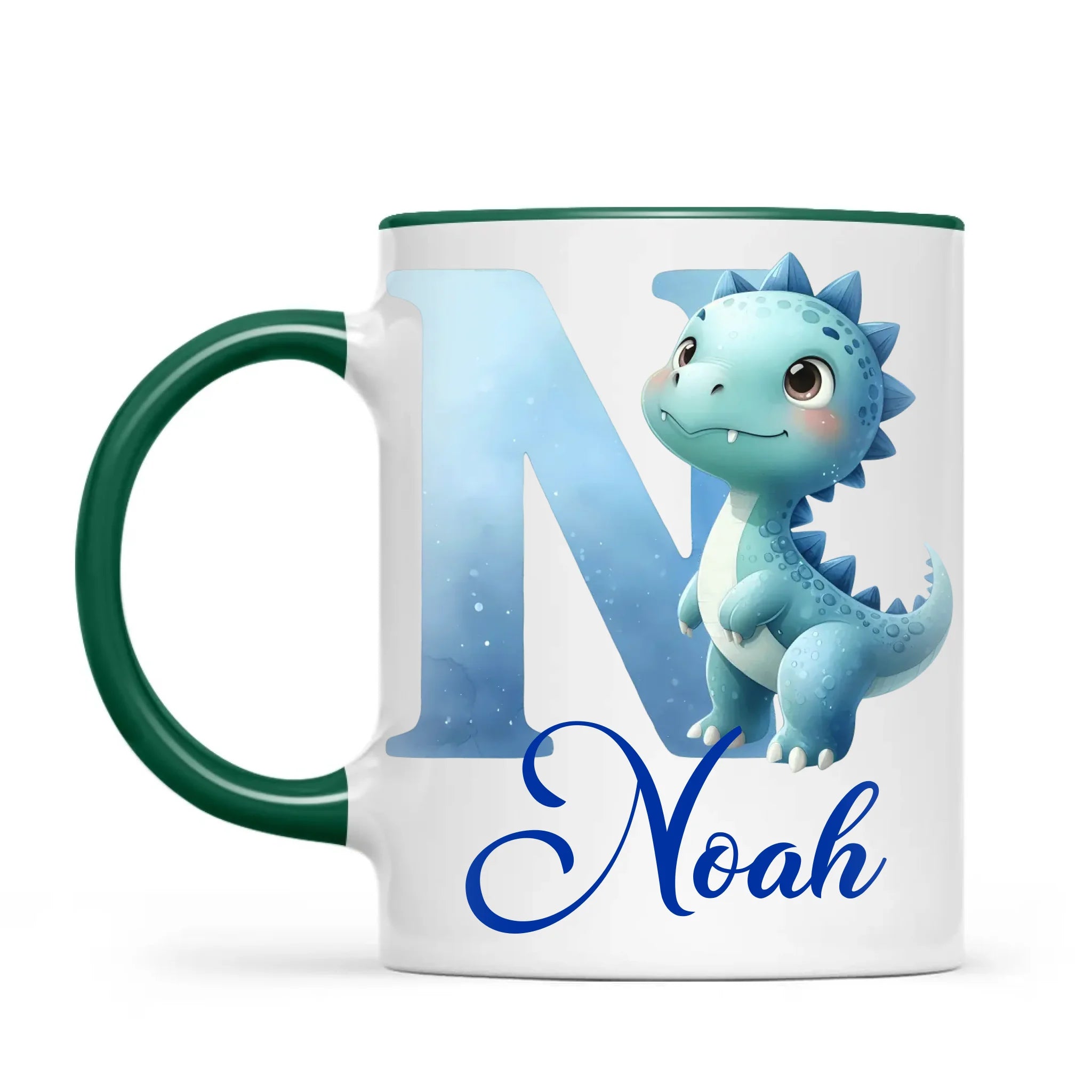 Personalised Blue Dinosaur Alphabet Kids Mug – Custom Name Cup with Watercolour Letter Design | 11 oz, 6 oz & Enamel Options