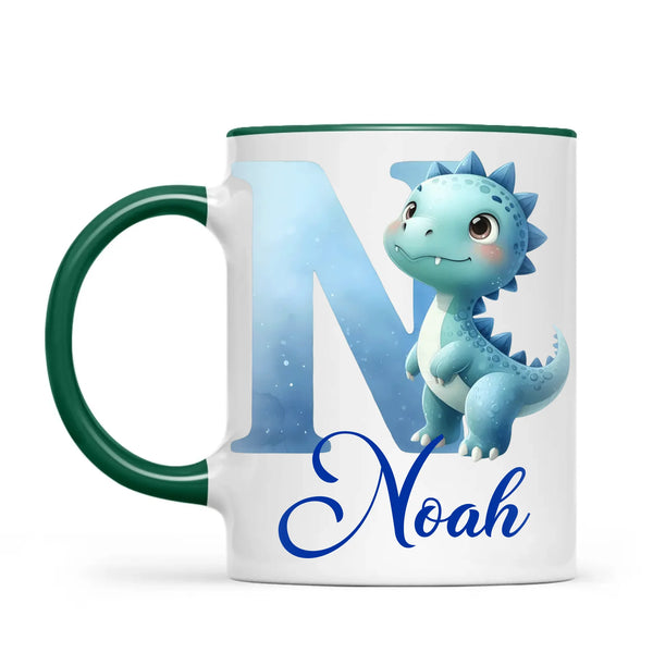 Personalised Blue Dinosaur Alphabet Kids Mug – Custom Name Cup with Watercolour Letter Design | 11 oz, 6 oz & Enamel Options