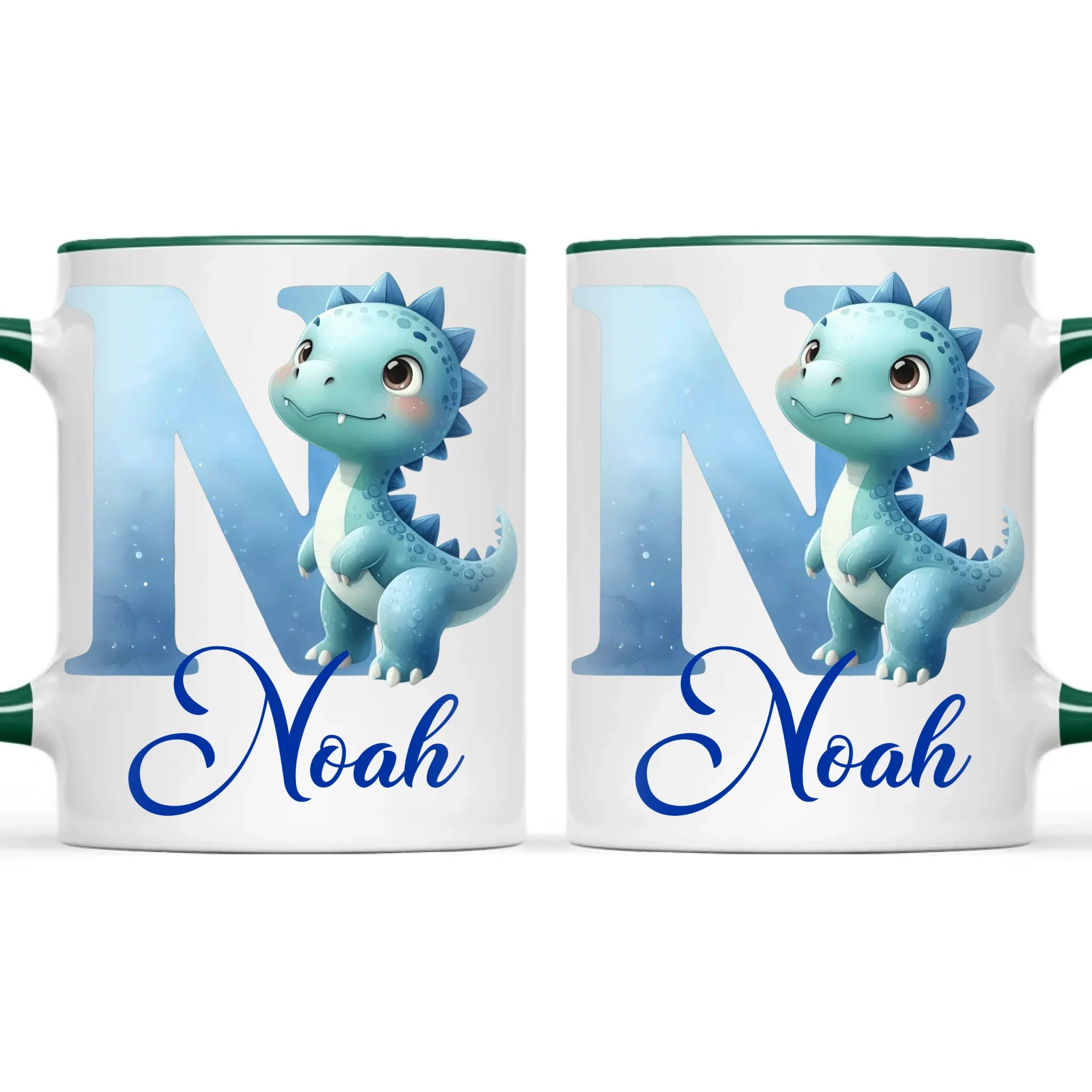 Personalised Blue Dinosaur Alphabet Kids Mug – Custom Name Cup with Watercolour Letter Design | 11 oz, 6 oz & Enamel Options
