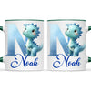 Personalised Blue Dinosaur Alphabet Kids Mug – Custom Name Cup with Watercolour Letter Design | 11 oz, 6 oz & Enamel Options