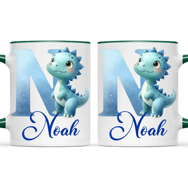 Personalised Blue Dinosaur Alphabet Kids Mug – Custom Name Cup with Watercolour Letter Design | 11 oz, 6 oz & Enamel Options
