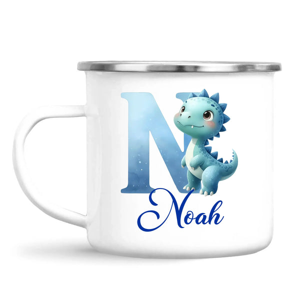 Personalised Blue Dinosaur Alphabet Kids Mug – Custom Name Cup with Watercolour Letter Design | 11 oz, 6 oz & Enamel Options