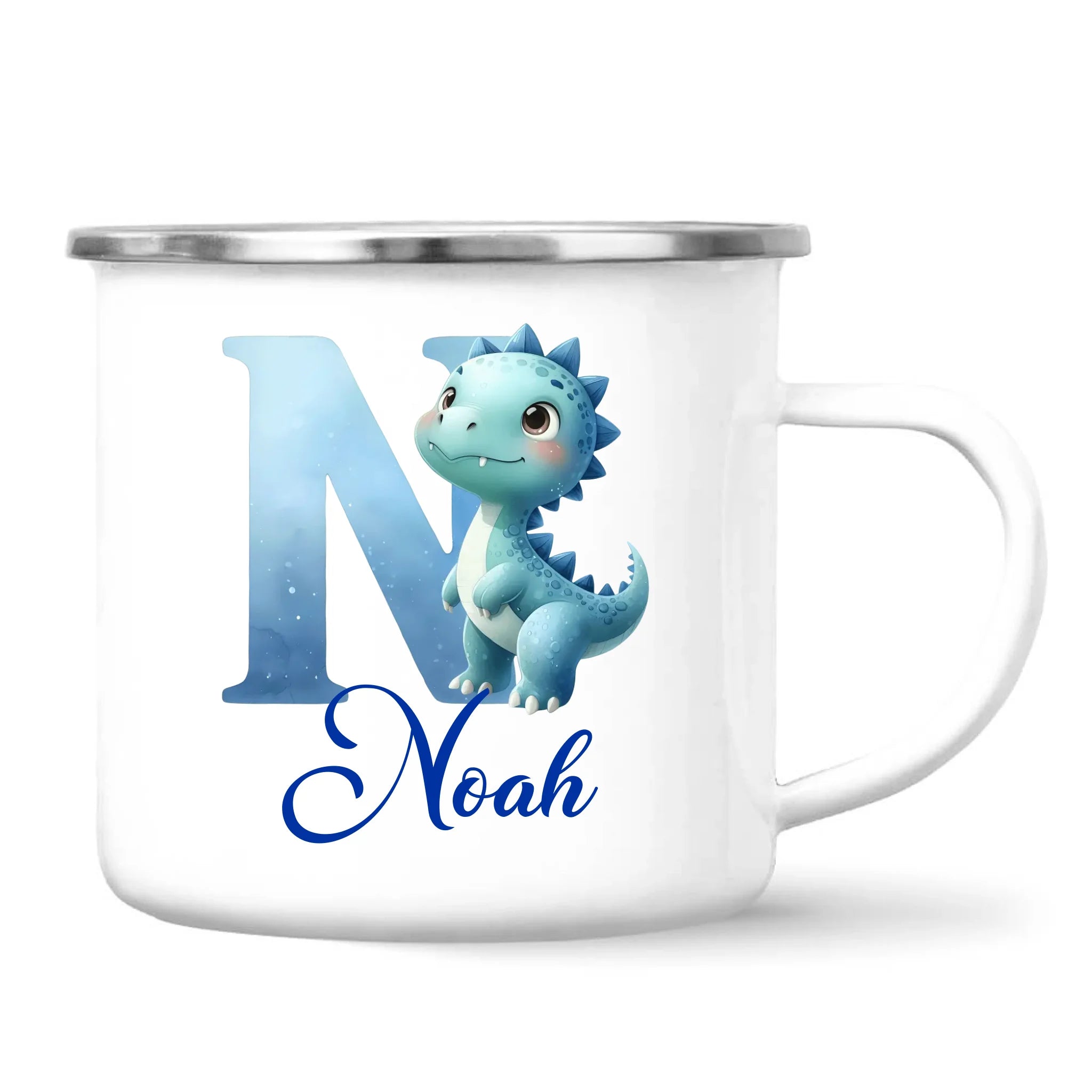 Personalised Blue Dinosaur Alphabet Kids Mug – Custom Name Cup with Watercolour Letter Design | 11 oz, 6 oz & Enamel Options