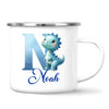 Personalised Blue Dinosaur Alphabet Kids Mug – Custom Name Cup with Watercolour Letter Design | 11 oz, 6 oz & Enamel Options