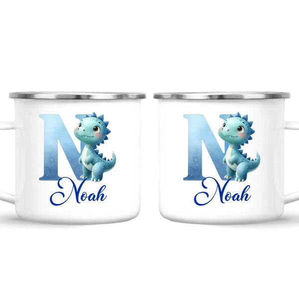 Personalised Blue Dinosaur Alphabet Kids Mug – Custom Name Cup with Watercolour Letter Design | 11 oz, 6 oz & Enamel Options