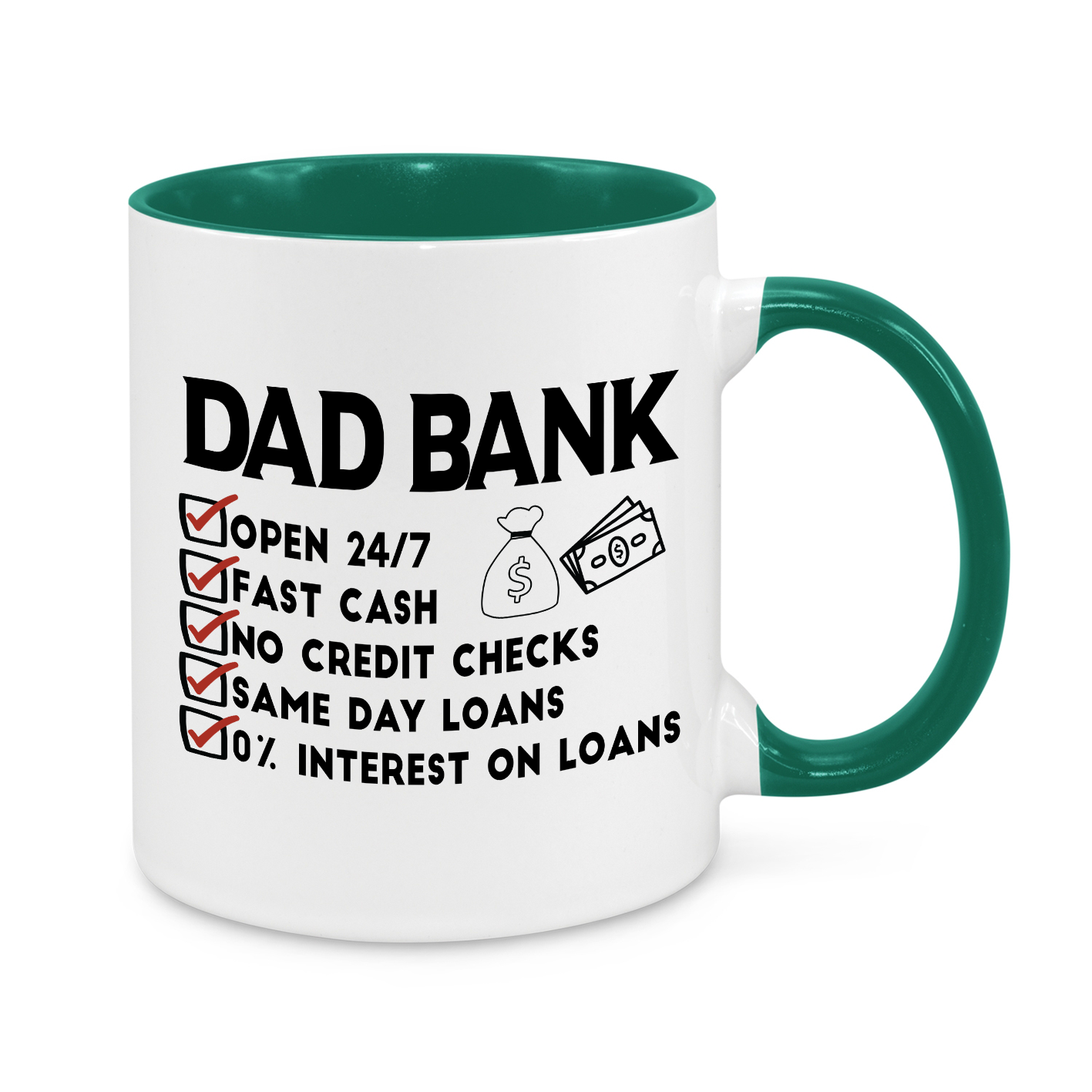 Dad Bank Funny Mug – 11oz Novelty Coffee Cup for Dads – Open 24/7 Cash Loans Gift for Father’s Day, Birthdays & Christmas