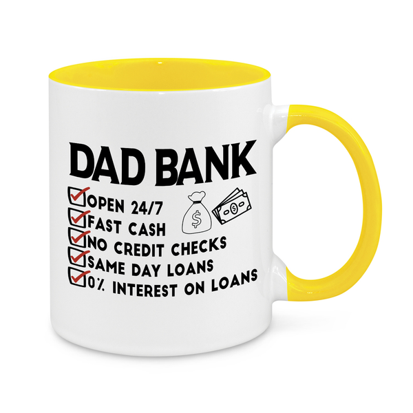 Dad Bank Funny Mug – 11oz Novelty Coffee Cup for Dads – Open 24/7 Cash Loans Gift for Father’s Day, Birthdays & Christmas