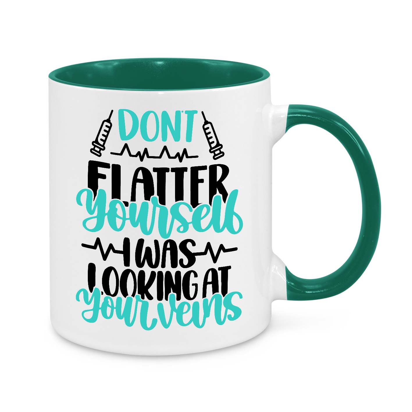 Funny Nurse Mug - 11oz Personalised Coffee Cup - Don’t Flatter Yourself I Was Looking at Your Veins - Phlebotomist Gift - Novelty Healthcare Worker Mug