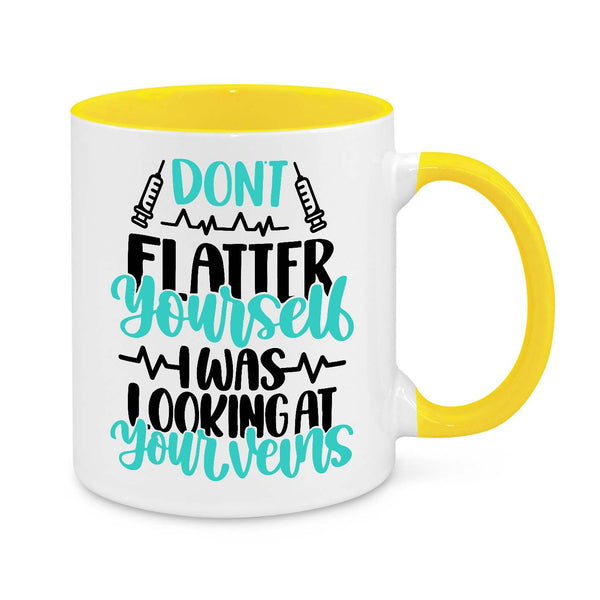 Funny Nurse Mug - 11oz Personalised Coffee Cup - Don’t Flatter Yourself I Was Looking at Your Veins - Phlebotomist Gift - Novelty Healthcare Worker Mug
