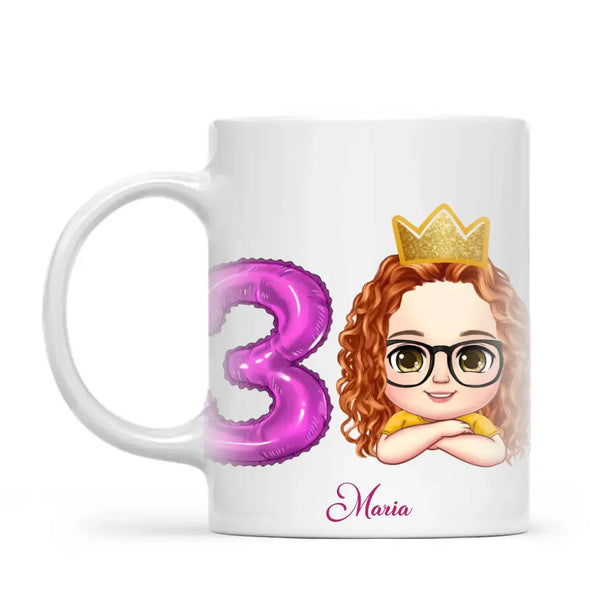 Personalised with Name & Custom Cartoon Face Birthday Mug – Kids Birthday Gift Cup with Balloon Age & Custom Character – Available in 11oz, 6oz & Enamel Options
