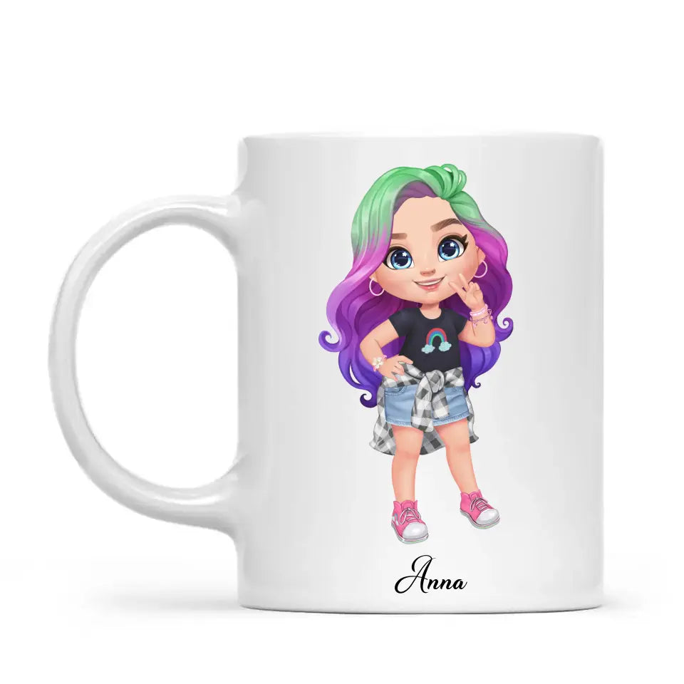 Personalised with Name, Create Your Own Girl Character Kids Mug – Customised Design with Hair, Outfit & Name – Available in 11oz, 6oz & Enamel Options