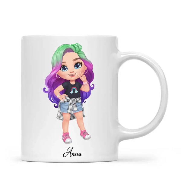 Personalised with Name, Create Your Own Girl Character Kids Mug – Customised Design with Hair, Outfit & Name – Available in 11oz, 6oz & Enamel Options