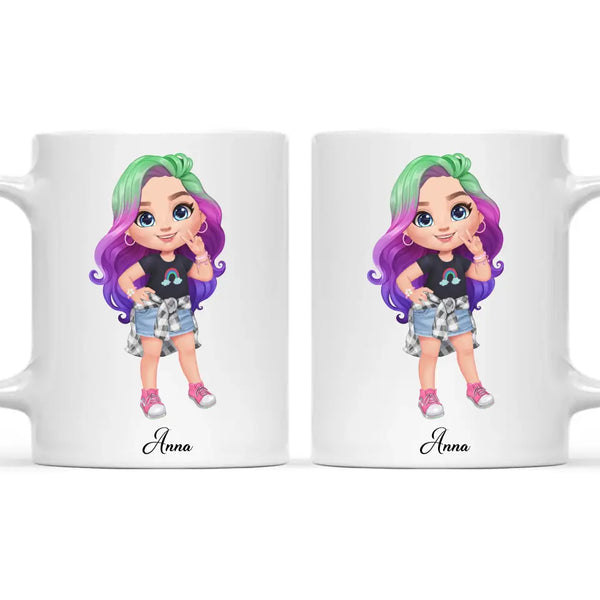 Personalised with Name, Create Your Own Girl Character Kids Mug – Customised Design with Hair, Outfit & Name – Available in 11oz, 6oz & Enamel Options