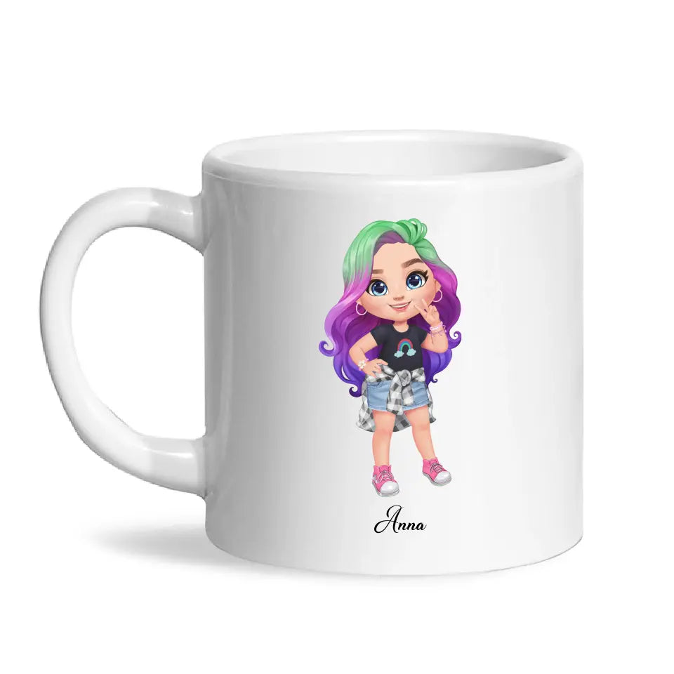 Personalised with Name, Create Your Own Girl Character Kids Mug – Customised Design with Hair, Outfit & Name – Available in 11oz, 6oz & Enamel Options