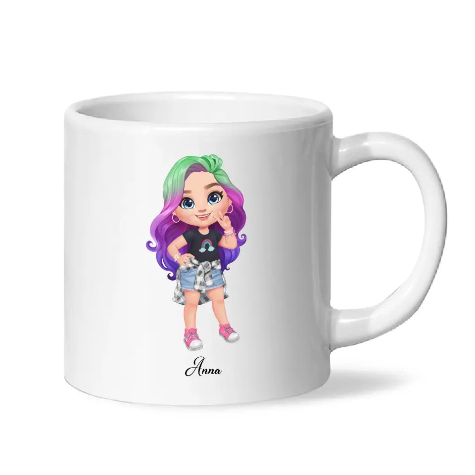 Personalised with Name, Create Your Own Girl Character Kids Mug – Customised Design with Hair, Outfit & Name – Available in 11oz, 6oz & Enamel Options