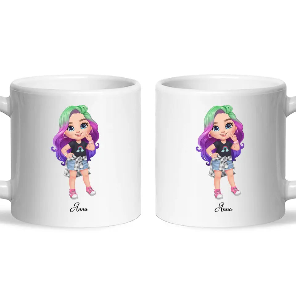 Personalised with Name, Create Your Own Girl Character Kids Mug – Customised Design with Hair, Outfit & Name – Available in 11oz, 6oz & Enamel Options