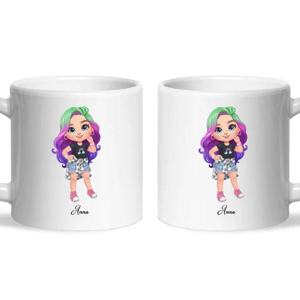 Personalised with Name, Create Your Own Girl Character Kids Mug – Customised Design with Hair, Outfit & Name – Available in 11oz, 6oz & Enamel Options