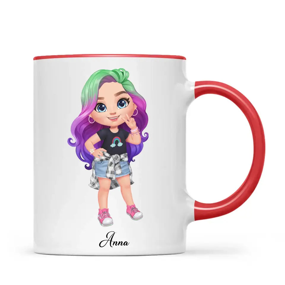 Personalised with Name, Create Your Own Girl Character Kids Mug – Customised Design with Hair, Outfit & Name – Available in 11oz, 6oz & Enamel Options