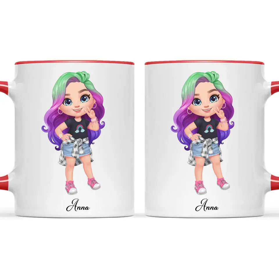 Personalised with Name, Create Your Own Girl Character Kids Mug – Customised Design with Hair, Outfit & Name – Available in 11oz, 6oz & Enamel Options