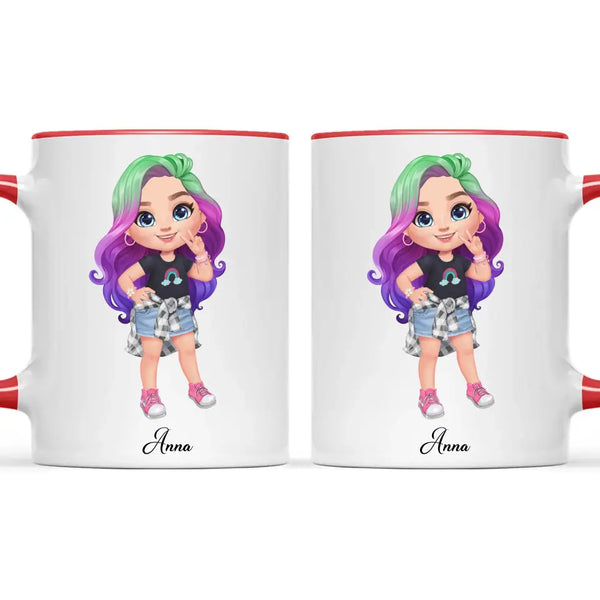 Personalised with Name, Create Your Own Girl Character Kids Mug – Customised Design with Hair, Outfit & Name – Available in 11oz, 6oz & Enamel Options