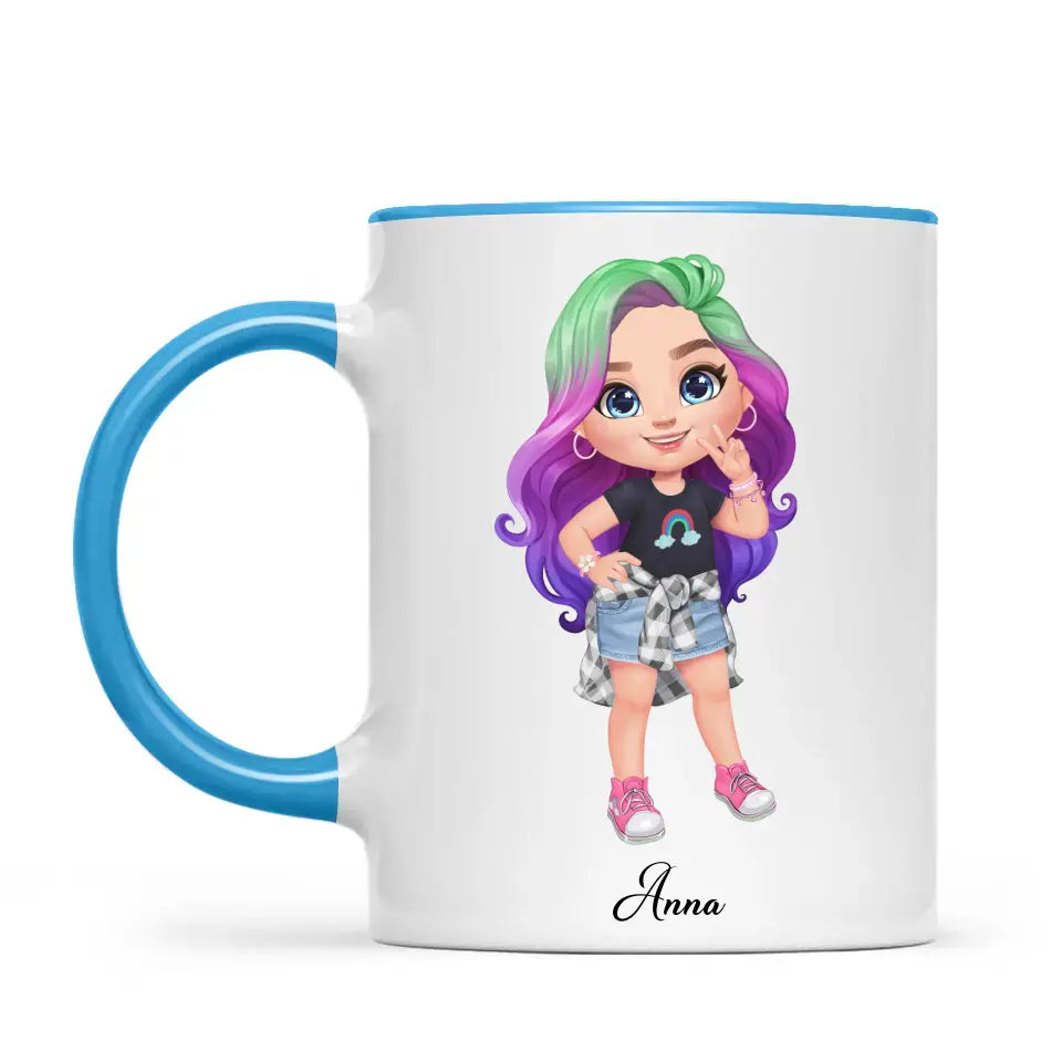 Personalised with Name, Create Your Own Girl Character Kids Mug – Customised Design with Hair, Outfit & Name – Available in 11oz, 6oz & Enamel Options
