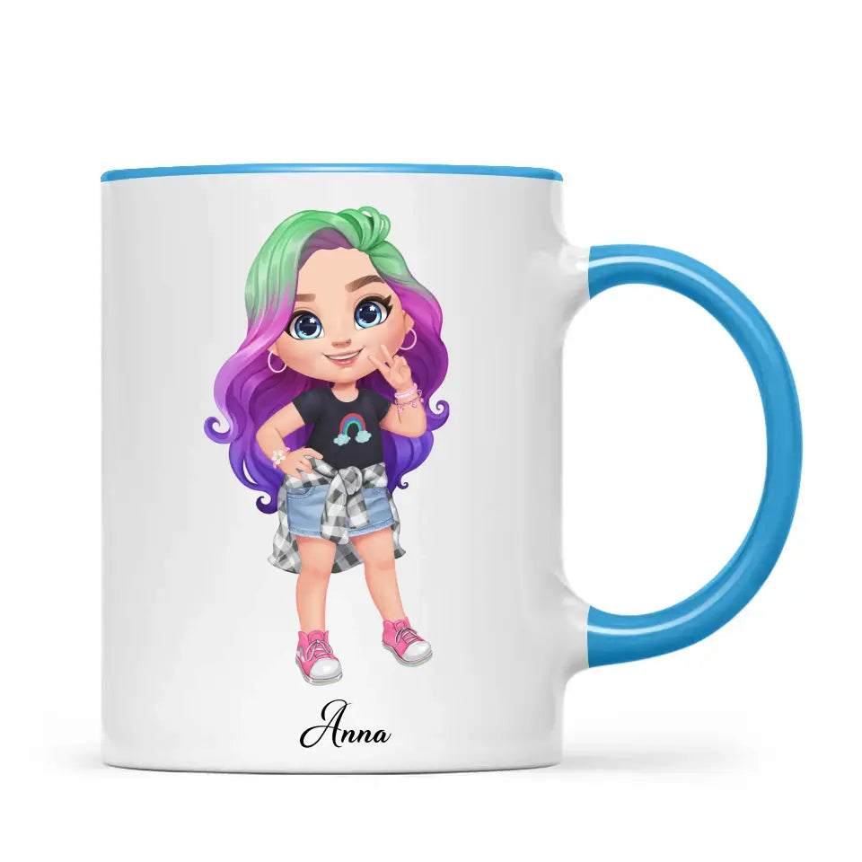 Personalised with Name, Create Your Own Girl Character Kids Mug – Customised Design with Hair, Outfit & Name – Available in 11oz, 6oz & Enamel Options