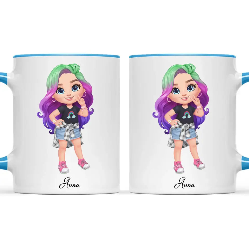 Personalised with Name, Create Your Own Girl Character Kids Mug – Customised Design with Hair, Outfit & Name – Available in 11oz, 6oz & Enamel Options