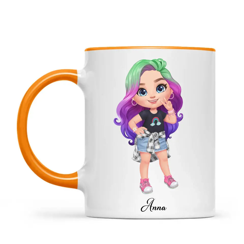 Personalised with Name, Create Your Own Girl Character Kids Mug – Customised Design with Hair, Outfit & Name – Available in 11oz, 6oz & Enamel Options