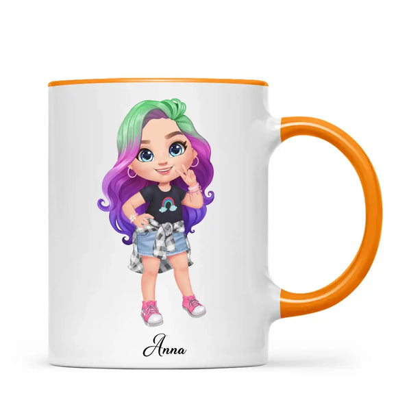 Personalised with Name, Create Your Own Girl Character Kids Mug – Customised Design with Hair, Outfit & Name – Available in 11oz, 6oz & Enamel Options