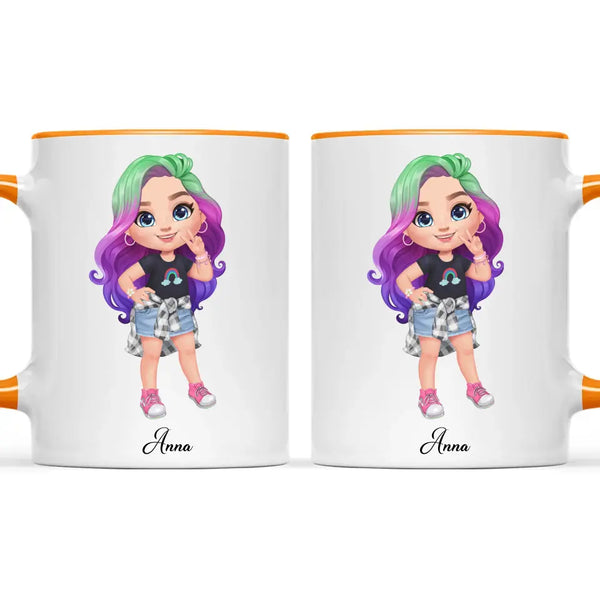Personalised with Name, Create Your Own Girl Character Kids Mug – Customised Design with Hair, Outfit & Name – Available in 11oz, 6oz & Enamel Options