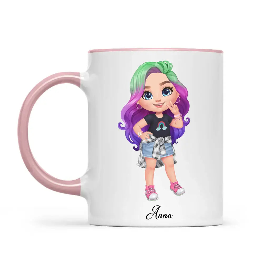 Personalised with Name, Create Your Own Girl Character Kids Mug – Customised Design with Hair, Outfit & Name – Available in 11oz, 6oz & Enamel Options