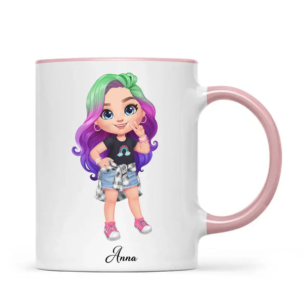 Personalised with Name, Create Your Own Girl Character Kids Mug – Customised Design with Hair, Outfit & Name – Available in 11oz, 6oz & Enamel Options