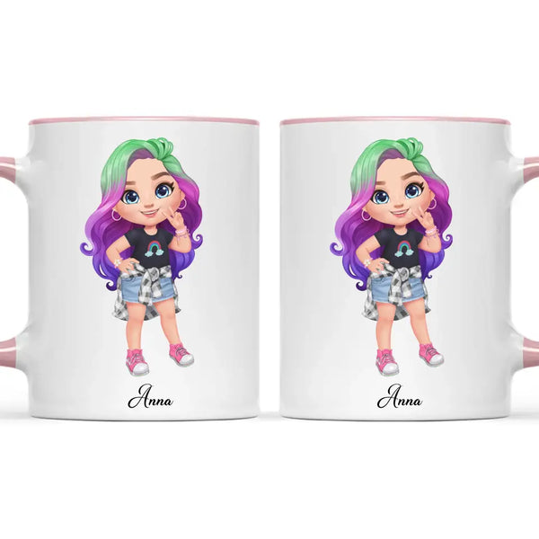Personalised with Name, Create Your Own Girl Character Kids Mug – Customised Design with Hair, Outfit & Name – Available in 11oz, 6oz & Enamel Options