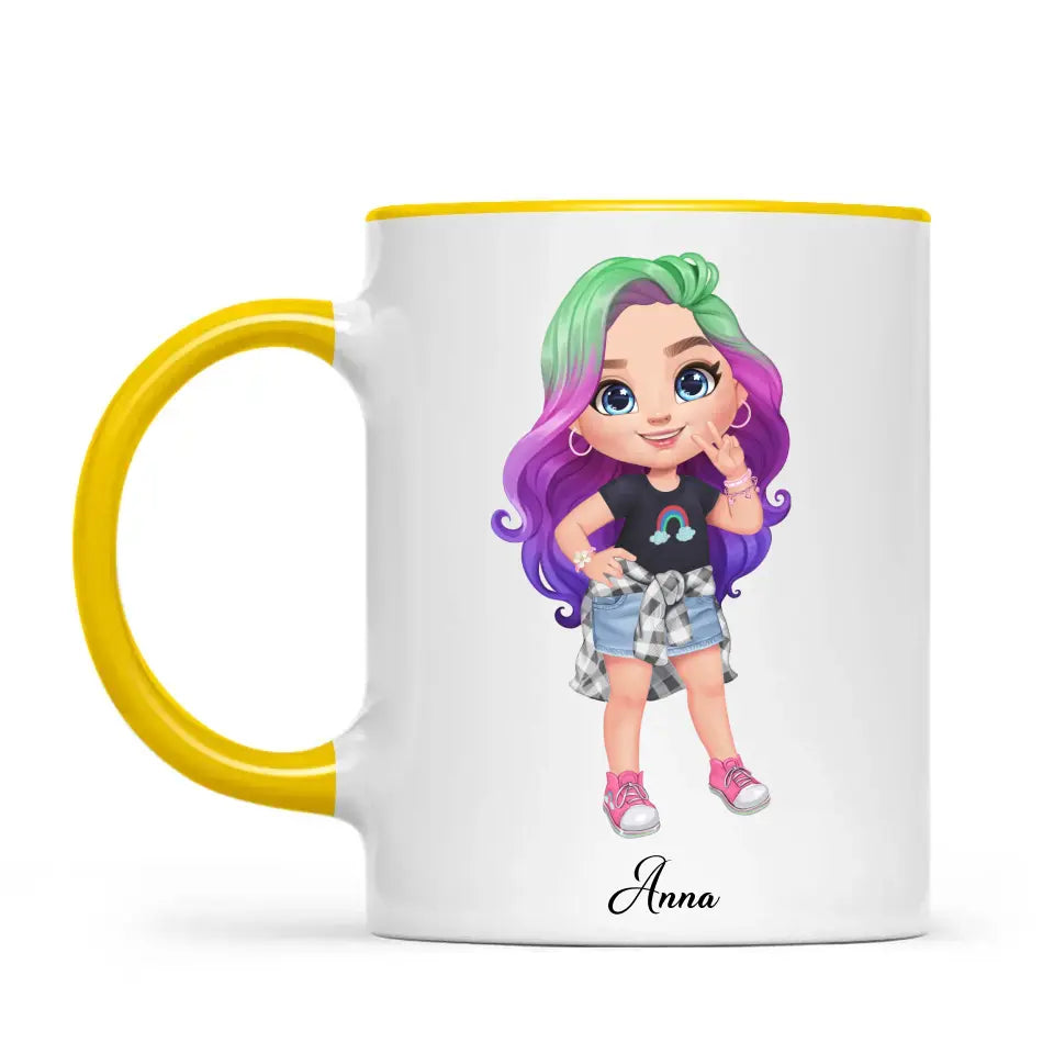 Personalised with Name, Create Your Own Girl Character Kids Mug – Customised Design with Hair, Outfit & Name – Available in 11oz, 6oz & Enamel Options