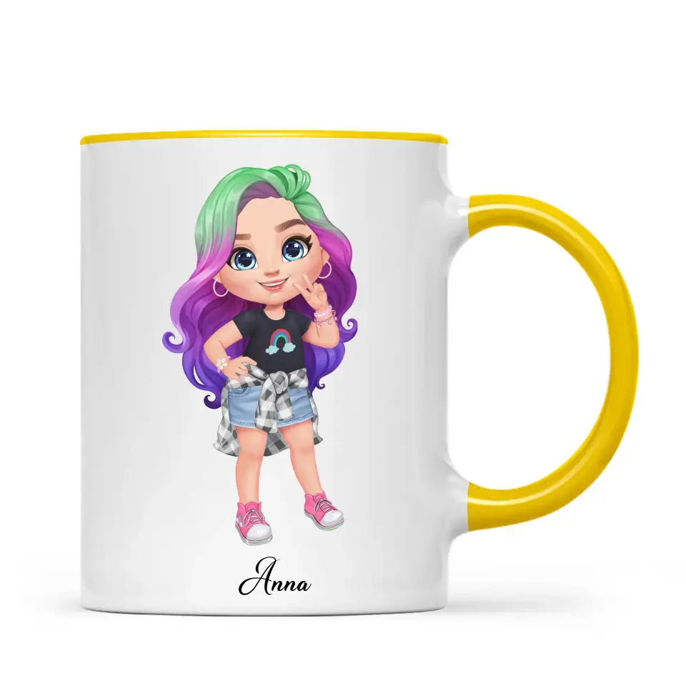 Personalised with Name, Create Your Own Girl Character Kids Mug – Customised Design with Hair, Outfit & Name – Available in 11oz, 6oz & Enamel Options